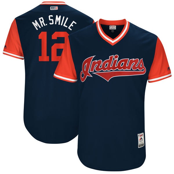 Men's Cleveland Indians #12 Francisco Lindor 'Mr. Smile' Navy/Red Cool Base Stitched Baseball Jersey